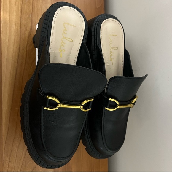 Women’s Lulus Ranae Black Slide On Loafers Black Gold Horsebit Hardware Size 10 - Picture 5 of 9
